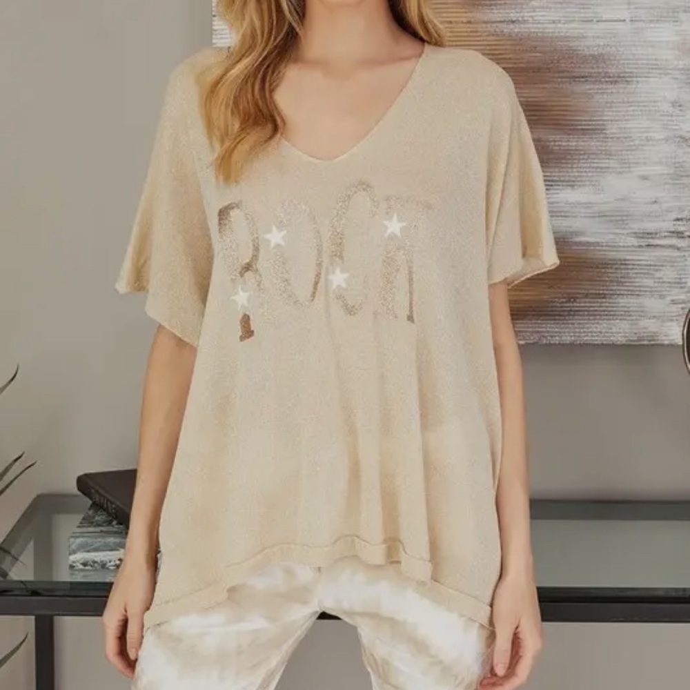 MADE IN ITALY Rock star logo metallic thread knit top
